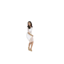 a woman standing in front of a white background