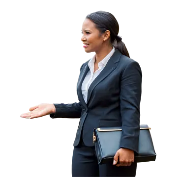 a woman in a business suit holding a briefcase