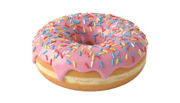 a donut with pink frosting and sprinng