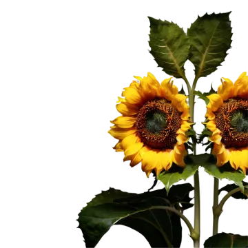 two sunflowers with green leaves on a white background