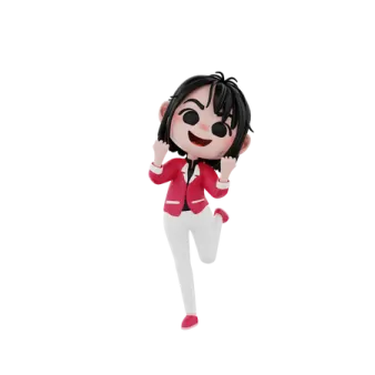 a cartoon figure of a girl with black hair and white pants