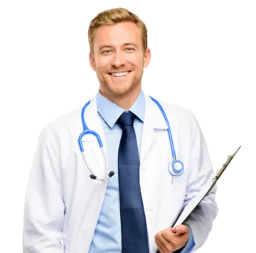 a smiling male doctor holding a clipboard