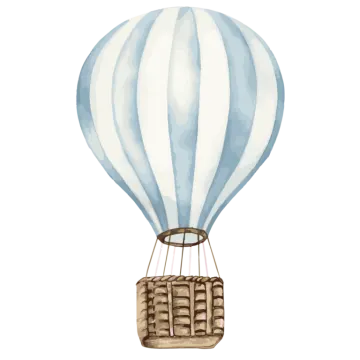 a blue and white hot air balloon flying in the sky