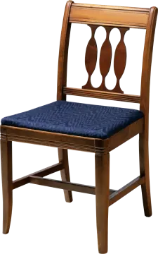a wooden chair with a blue seat pad
