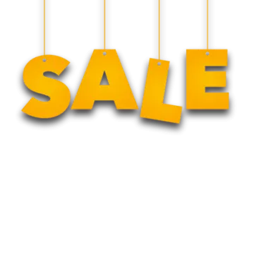 a yellow sale sign hanging from strings
