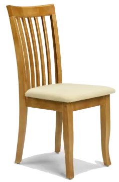 a wooden chair with a beige seat
