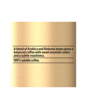 a gold plate with the words,'a blend of coffee and beans gives a subtleness to soluble coffee