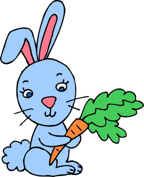 a blue bunny holding a carrot