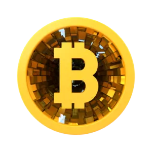 a golden bit coin on a white background