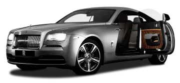 a silver rolls royce with its doors open