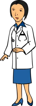 a woman in a lab coat pointing at something