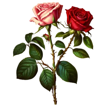 a drawing of two roses with green leaves