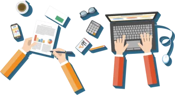 two people working on laptops, one is holding a phone and the other is typing