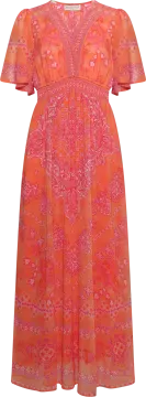 a woman wearing an orange and pink dress