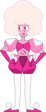 a cartoon character with pink hair and white pants