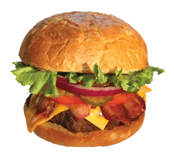 a close up of a hamburger on a white background