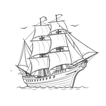 a black and white drawing of a ship