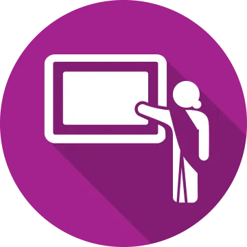 a purple circle with a white silhouette of a person looking at a large screen