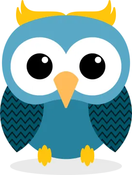 a blue and yellow owl with big eyes