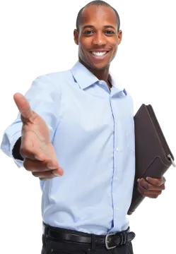 a man in a blue shirt and black pants holding a folder