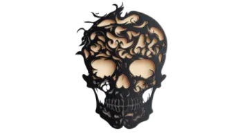 a black and gold skull with flames on it