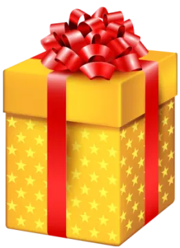 a yellow gift box with red ribbon and stars
