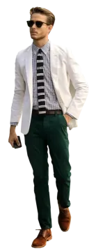 a man in a white jacket and green pants