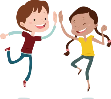 a boy and girl jumping