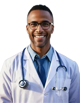 a man in a white lab coat and glasses
