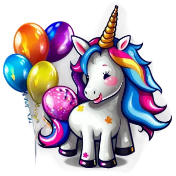 a unicorn with balloons and a birthday hat