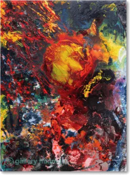 an abstract painting in red, yellow and blue