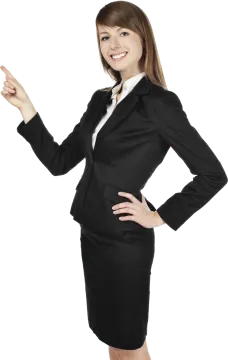 a woman in a business suit pointing at the camera