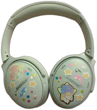 a pair of headphones with stickers on them