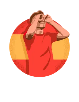 a man in a red shirt is looking through his binoculars