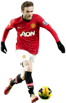 a man in a red shirt kicking a soccer ball