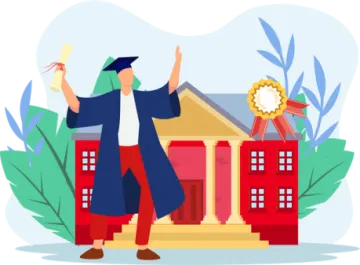 a man in a graduation gown standing outside of a house