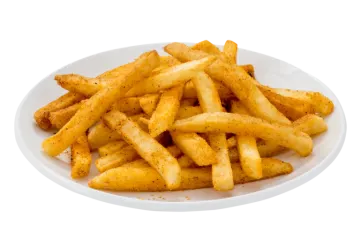 a plate of french fries on a white background