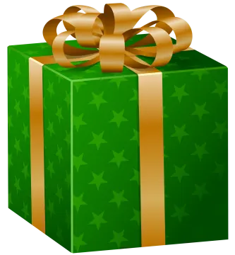 a green gift box with a gold ribbon