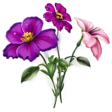 three purple and pink flowers on a white background