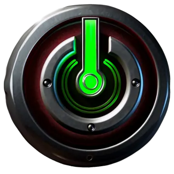 a green and black button on a white background