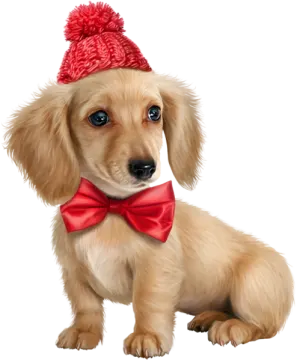 a small dog wearing a red bow tie