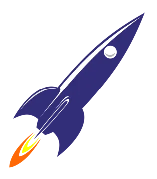 a blue and orange rocket with a white background