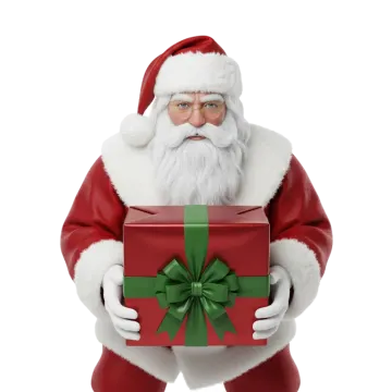 a santa claus holding a gift box