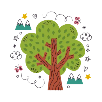 an illustration of a tree with mountains in the background