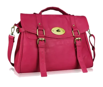 a pink leather handbag with gold hardware