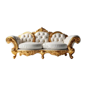 a white couch with gold detailing on it