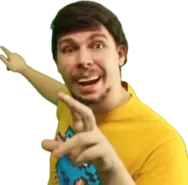 a man in a yellow shirt pointing at the camera