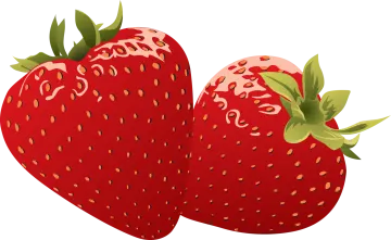 two red strawberries with green leaves