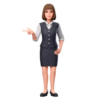 a woman in a business suit pointing at something