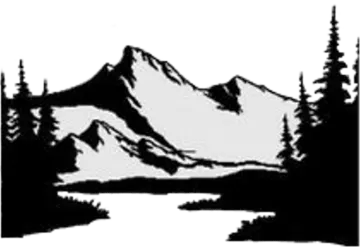 a black and white image of mountains with trees